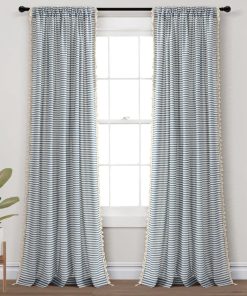 Boho Coastal Horizontal Ticking Stripe Tassel Window Curtain Panel Set
