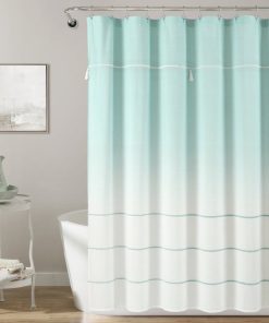 Ombre Embroidery Tassel Cotton Shower Curtain