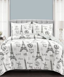 Paris Bonjour Reversible Cotton 3 Piece Quilt Set