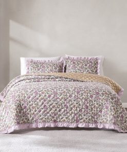 Lola Block Print Ruffle Reversible Floral Quilt Set