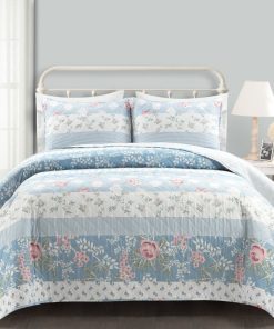 Cottagecore Flower Stripe Cotton Quilt 3 Piece Set